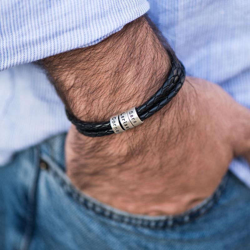 Men's Black Leather Bracelet – Customizable with Silver or Gold Finishes 